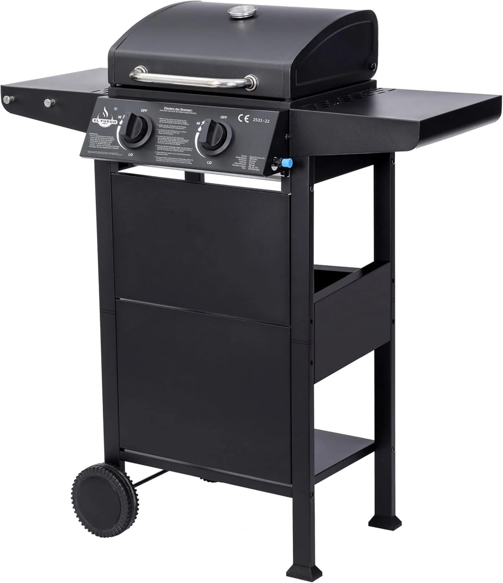 Grill gazowy El Fuego® „San Jose 2 palniki” z wężem gazowym i reduktorem ciśnienia, ruszt żeliwny, z termometrem i dużymi półkami bocznymi, grill BBQ | AY0204