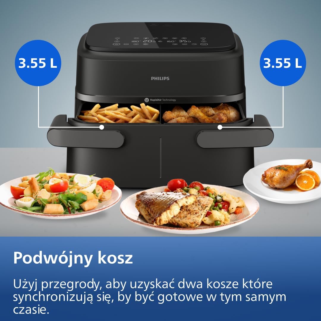 Philips Ovi Dual Basket z parą - Wyjątkowe funkcje gotowania Steamfry, Gotowania na parze, Airfry - 19 sposobów gotowania; pojemność 9L (3L + 6L), RapidAir Plus, automatyczne SteamClean (NA550/00)