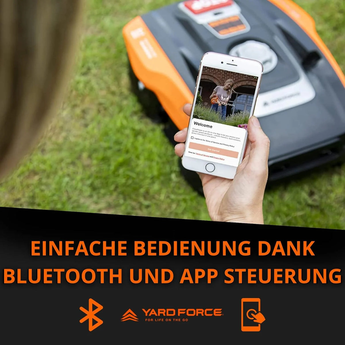 Yard Force Force Compact 300RBS Robot koszący do 300 m² ze sterowaniem Bluetooth i aplikacją, silnik bezszczotkowy, akumulator 20 V/2,0 Ah, czarno-pomarańczowy