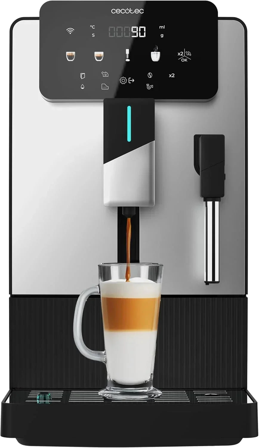 Ekspres automatyczny Cecotec Cremmaet Latte Touch, 19 barów, system Thermoblock, 12 rodzajów napojów, 4 profile użytkownika, zbiornik na wodę 1,1 l i na mleko 400 ml, ekran TFT, stożkowy młynek, automatyczne czyszczenie, regulowana wysokość