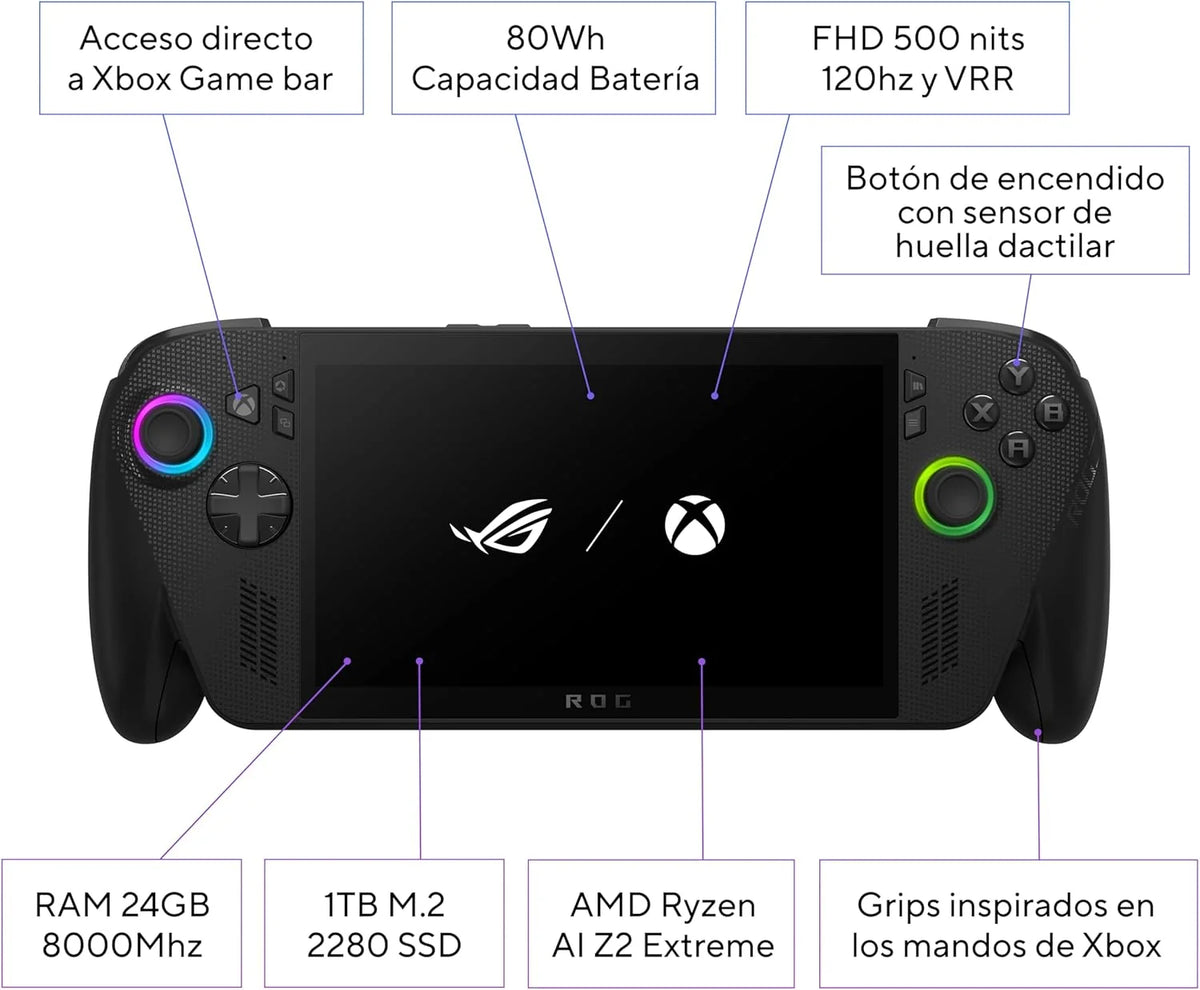 ASUS ROG Ally X - Konsola przenośna do gier 7" Full HD 120Hz (AMD Ryzen AI Z2 Extreme, 24GB RAM, 1TB SSD, Bateria 80Wh, Windows 11, Otrzymaj 3 miesiące darmowego Game Pass Premium) - Kolor Czarny
