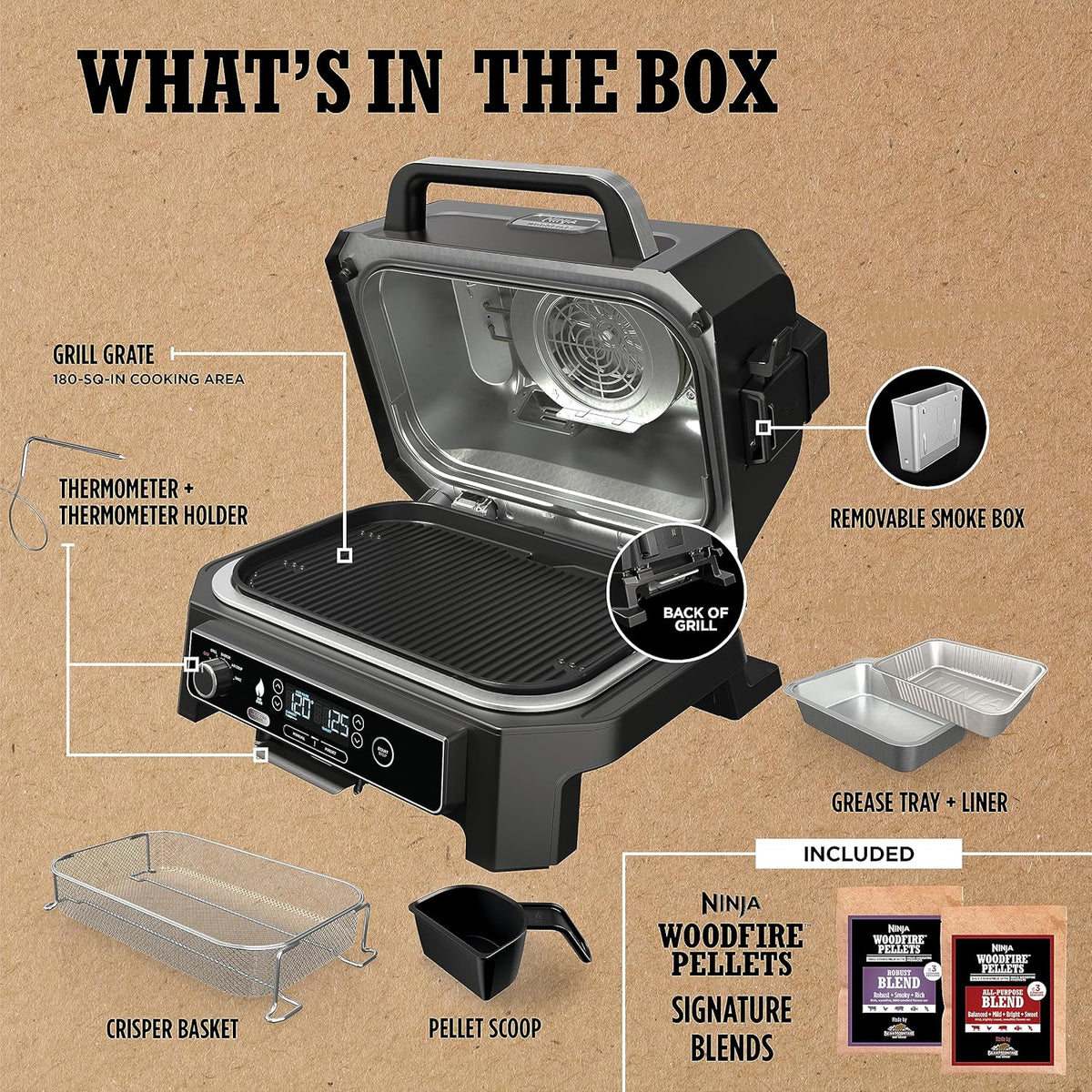 Ninja Woodfire Pro XL Grill i Wędzarnia Zewnętrzna, termometr, master grill 4 w 1, grill wędzarniczy, zewnętrzna frytownica powietrzna, piekarnik, przenośny, grill elektryczny, ciemnoszary, model OG850, 2026