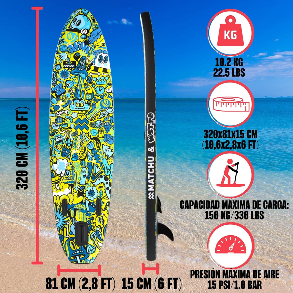 MATCHU - Nadmuchiwana Deska SUP - Paddleboard - Edycja Limitowana - Z Certyfikatem - Kompletny Zestaw - 320x81x15 CM - Ładowność 150 KG - Kolekcja Artystyczna
