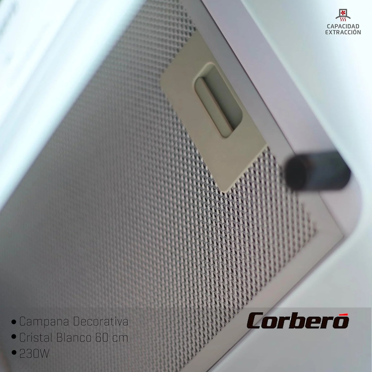 Corbero - Okap kuchenny 60 cm | ONEGA675W | 705,2 m3/h | 66db| 230W | 4 prędkości | Sterowanie dotykowe| Szkło hartowane | 1 Filtr aluminiowy + 1 Filtr węglowy | Biały