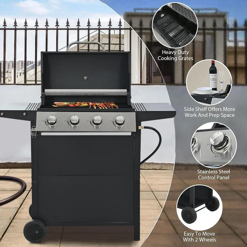 2026 Grill gazowy SEGMART 4-palnikowy ze stali nierdzewnej – 34 200 BTU, grill do ogrodu/na patio z dwoma składanymi półkami i termometrem, idealny na kemping i do gotowania na świeżym powietrzu