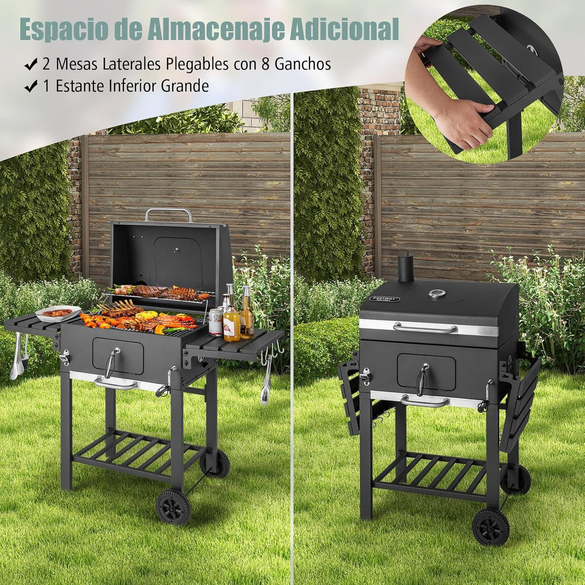 COSTWAY Grill Węglowy XXL, Przenośny Grill Ogrodowy 128 x 54 x 117 cm, z Pokrywą, Termometrem, 2 Składanymi Stolikami Bocznymi, 8 Haczykami, 2 Kółkami i Otwieraczem do Butelek