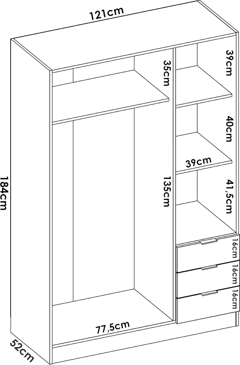 DEKIT GRUPO RIMOBEL Szafa 3-drzwiowa z 3 szufladami - Biała - 121X184X52 cm