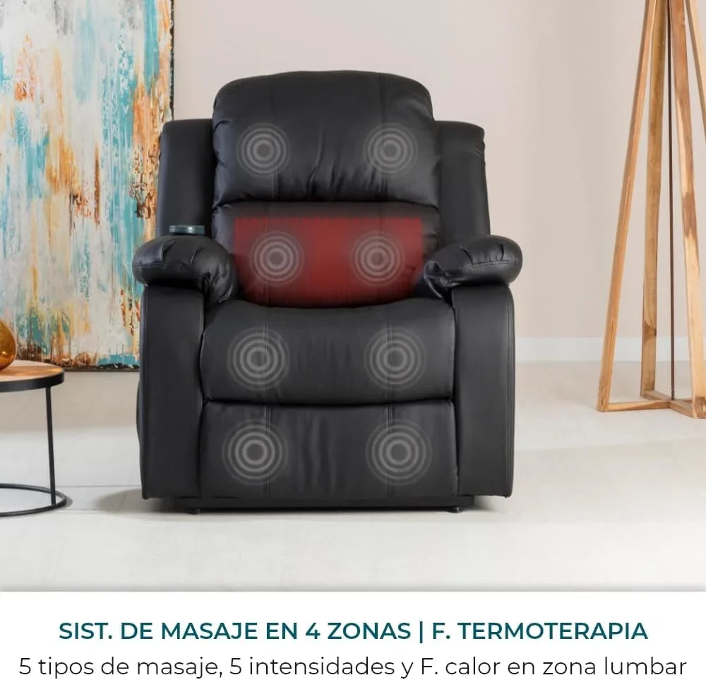 Don Descanso - Fotel Masujący Rozkładany Trevi Czarny z Funkcją Grzania, z Odchyleniem 160°, 8 Cichymi Silnikami, Grzaniem Lędźwiowym, 4 Strefami Masażu i Wykończeniem z Poliuretanu Odpornego na Pękanie [w Zestawie Pilot]. Idealny dla Osób Starszych