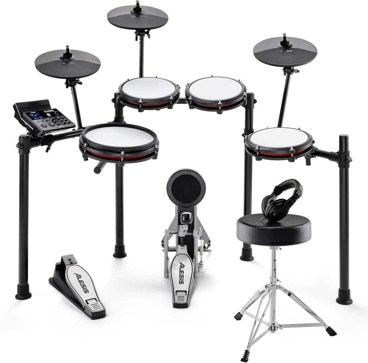 Alesis Nitro Max Kit – Elektroniczna perkusja z cichymi naciągami siateczkowymi, dwustrefowym padem werbla 10", Bluetooth, 440+ autentycznych brzmień, lekcjami Drumeo, USB MIDI, pedałem stopy