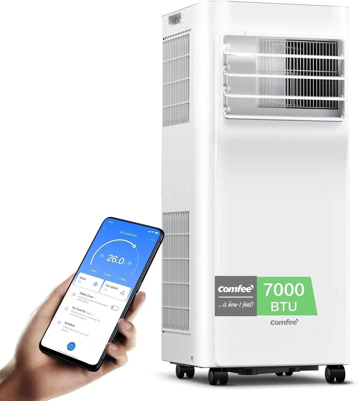 COMFEE Klimatyzator przenośny Penguin 3 w 1 | 7000 BTU/1800 chłodzenia z aplikacją + pilot | Klimatyzator i osuszacz powietrza | Niskie zużycie | Funkcja „Follow Me” | Zestaw okienny w zestawie