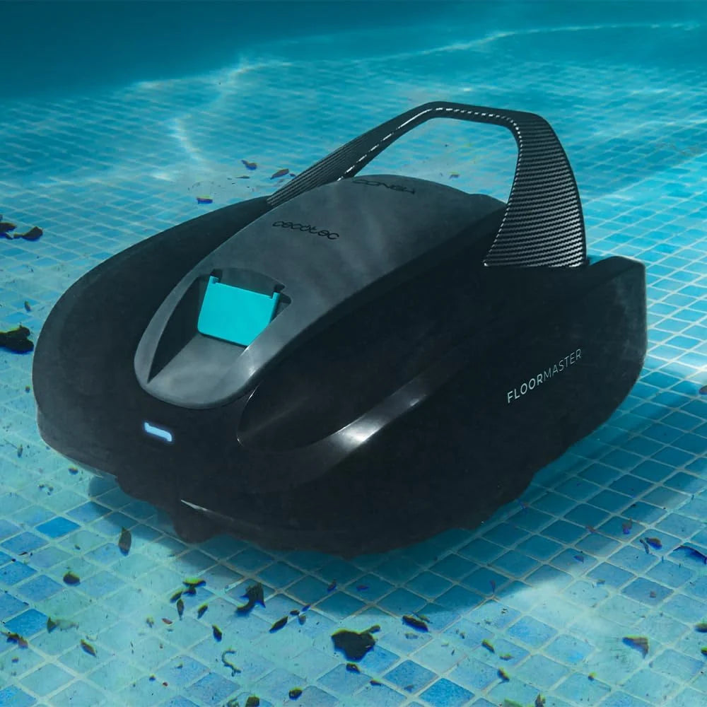 Robot czyszczący basen Cecotec bezprzewodowy Conga Pooldroid 2000 FloorMaster. Czas pracy 100 min, basen bez spadków, do 80 m², maksymalna głębokość 2,5 m, pojemność 2,5 l, filtr o wysokiej wydajności