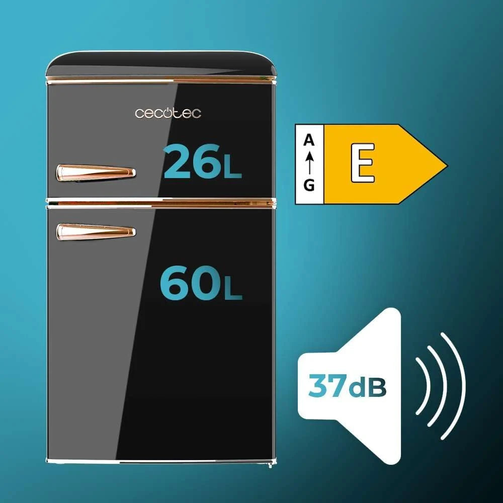 Cecotec Mała Lodówka z Zamrażarką 2-drzwiowa Retro 86L Bolero CoolMarket 2D Origin 86 Black E. Wysokość 89,3 cm i szerokość 48,7 cm, Klasa Energetyczna E, Icebox, Oświetlenie Wewnętrzne i Chromowany Uchwyt, Czarna