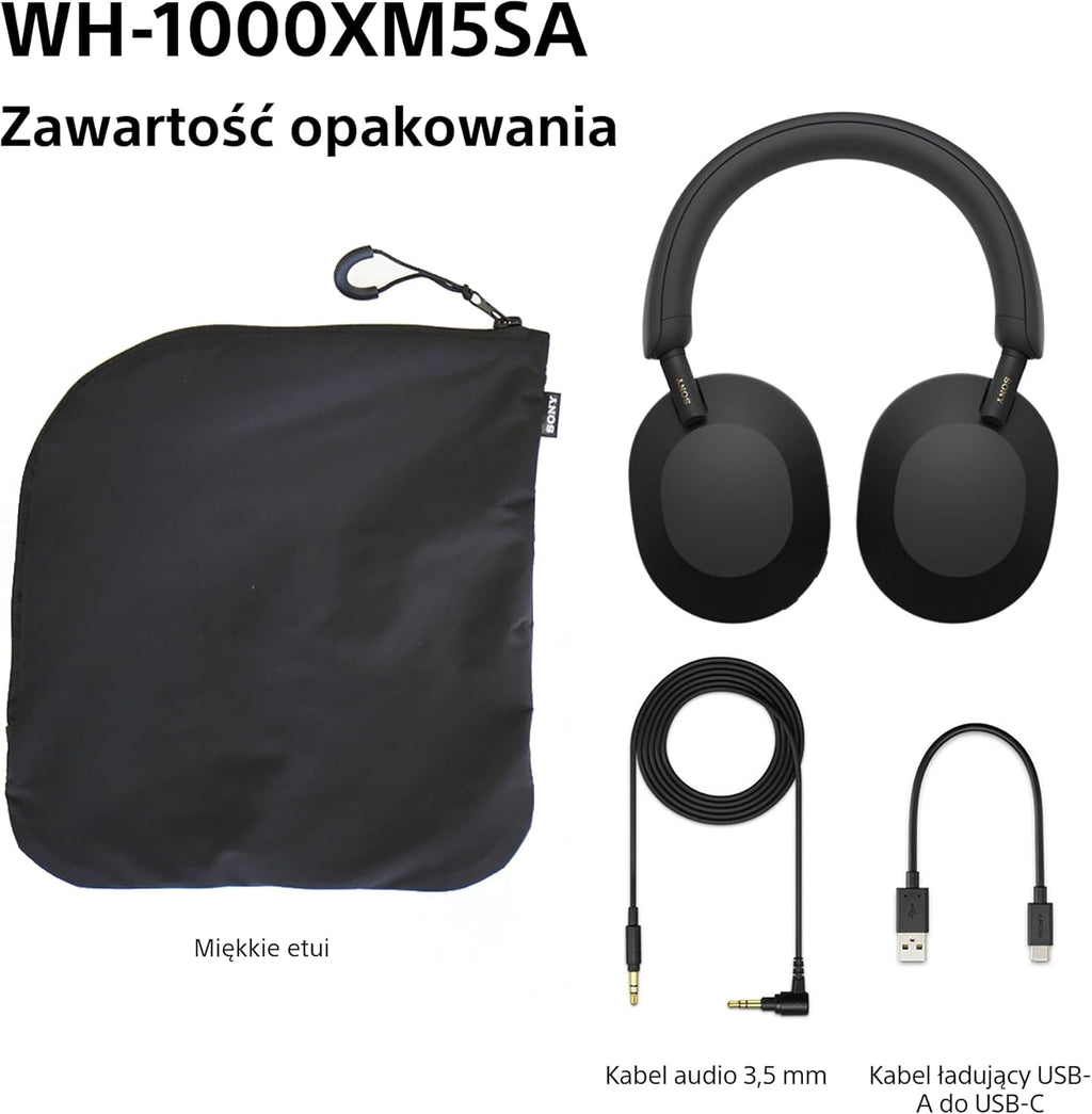 Sony WH-1000XM5 ANC Bezprzewodowe Słuchawki Nauszne z Redukcją Hałasu, Bluetooth, Clear Call Quality, Hi-Res, Do 30H Baterii, Szybkie Ładowanie, Alexa i Google Assistant, IOS i Android - Czarne