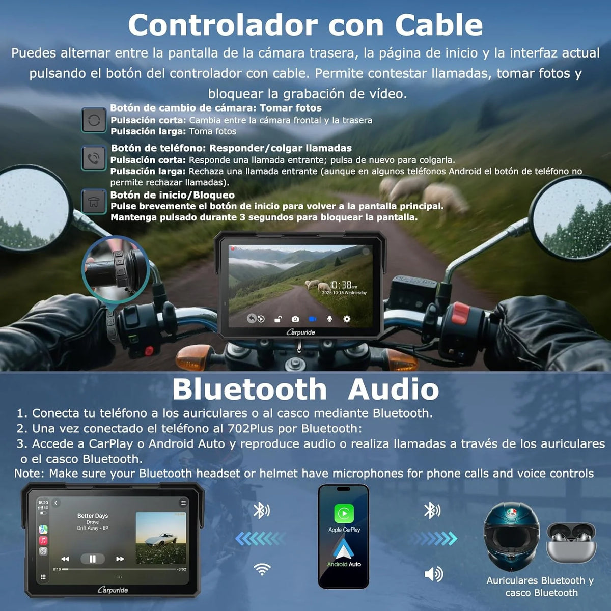 Caruride W702 Plus Android 14 Motocyklowy Wyświetlacz Carplay z Podwójną Kamerą, Bezprzewodowy CarPlay i Android Auto, 7-calowy Wodoodporny Ekran Dotykowy, Dźwięk BT, Nagrywanie w Pętli, Nawigacja Online i Offline.