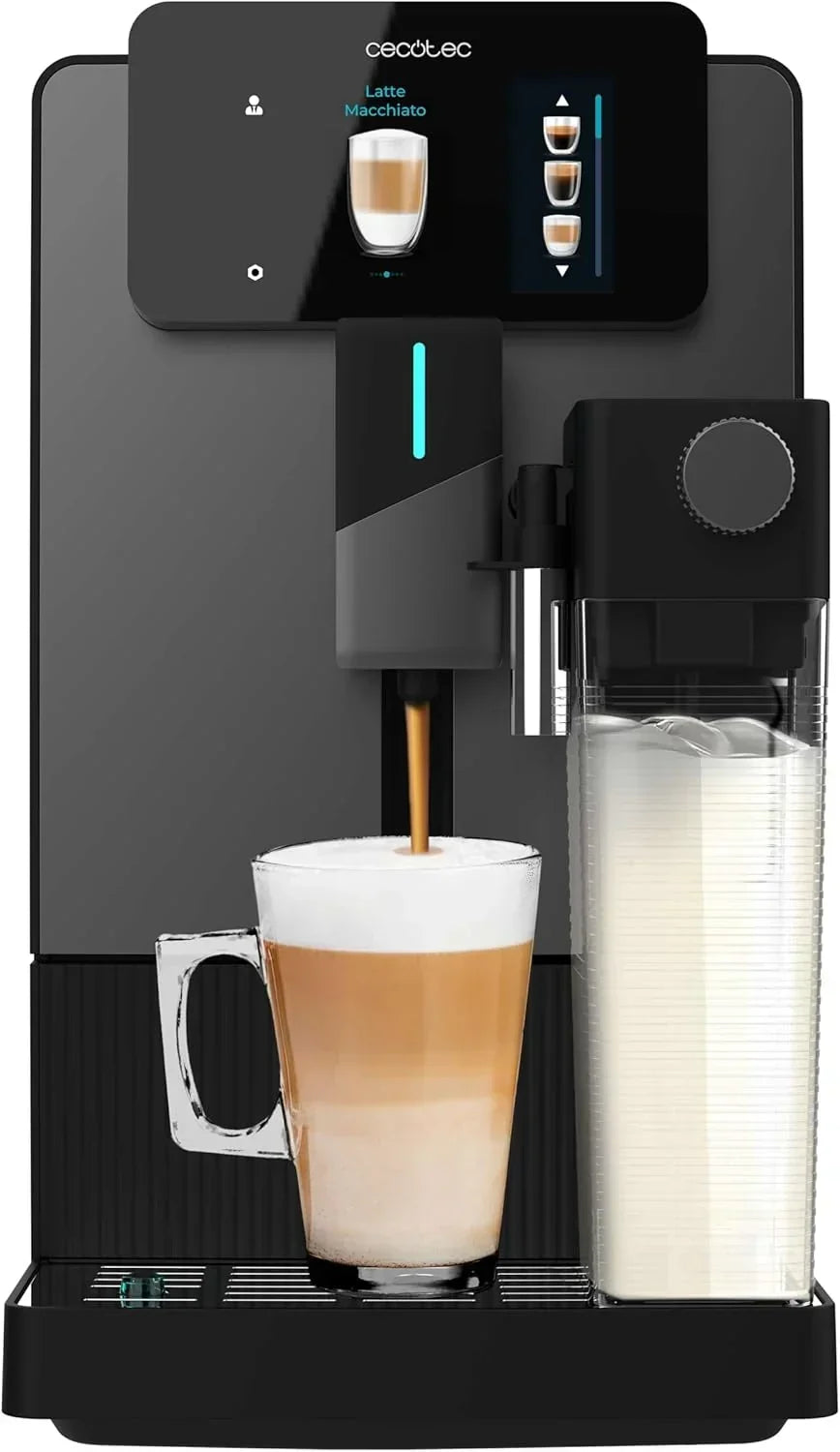 Ekspres automatyczny Cecotec Cremmaet Latte Touch, 19 barów, system Thermoblock, 12 rodzajów napojów, 4 profile użytkownika, zbiornik na wodę 1,1 l i na mleko 400 ml, ekran TFT, stożkowy młynek, automatyczne czyszczenie, regulowana wysokość