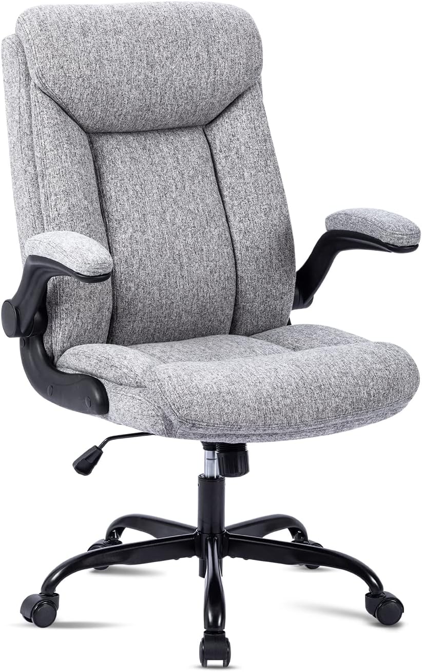 Ergonomiczne krzesło biurowe, krzesło do komputera, obrotowe krzesło robocze ze składanym podłokietnikami, regulacja wysokości, wygodne, do biura, domu, gier (szary materiał) (Czarny)