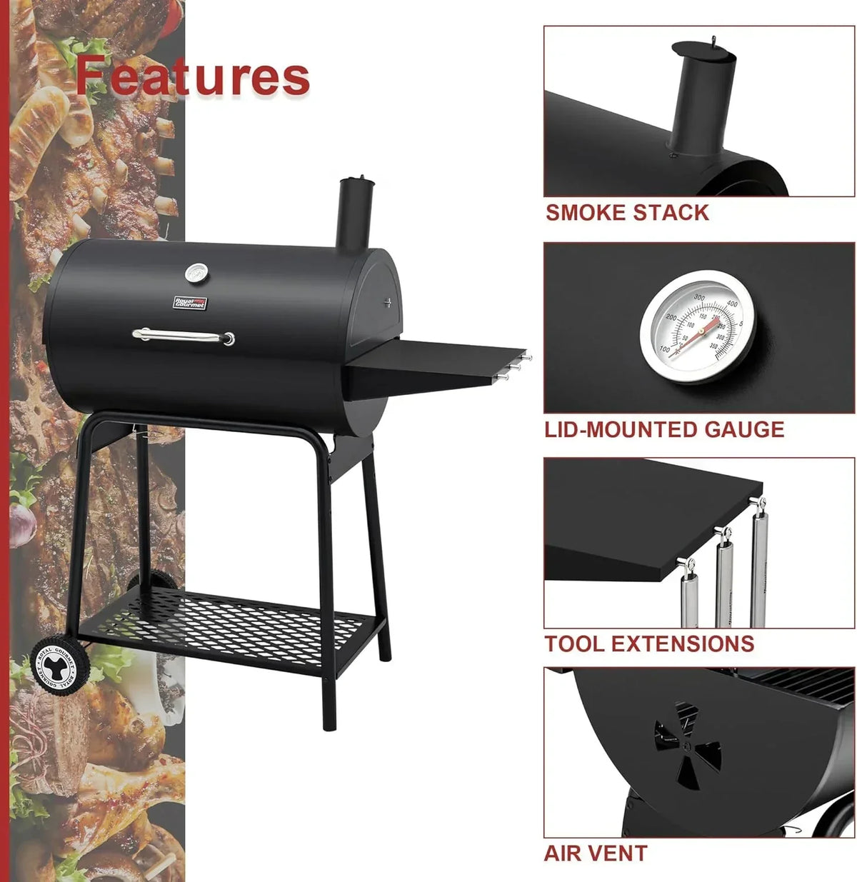 Grill węglowy Royal Gourmet CC1830 30 cali z bocznym stolikiem, grill zewnętrzny z 627 calami kwadratowymi powierzchni do gotowania na ogród, patio i imprezy, czarny, 2026