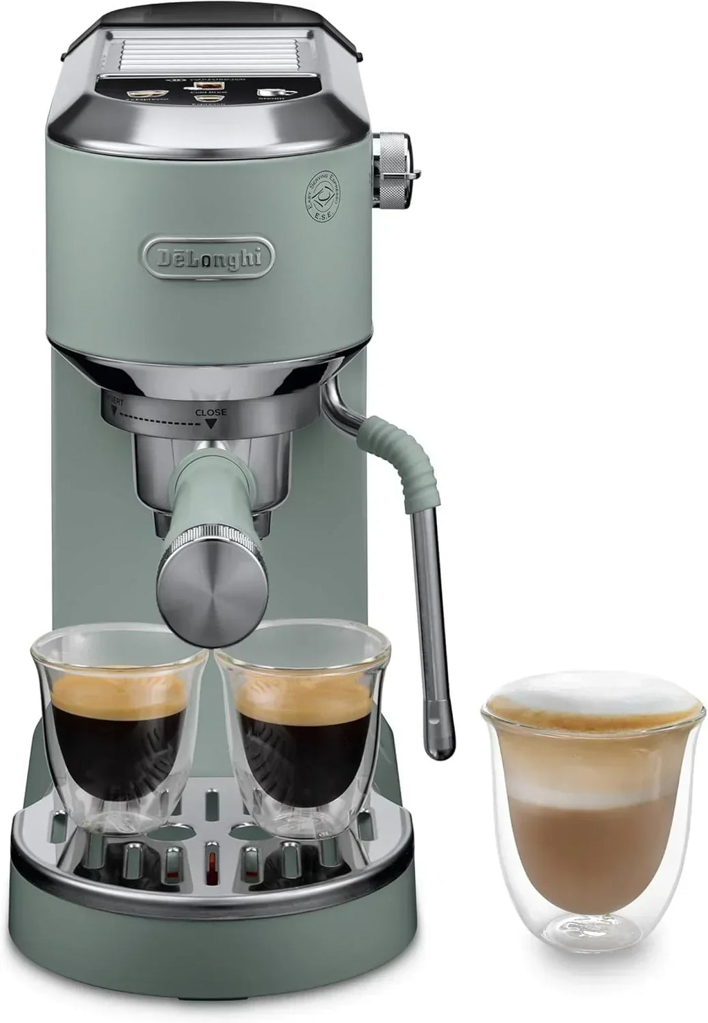 De'Longhi Dedica – Ekspres Kolbowy do Kawy Mielonej lub w Saszetkach, Espresso i Cappuccino, Zbiornik 1.3 Litra, System Anti-Drip, Model EC685.M, Kolor Metaliczny