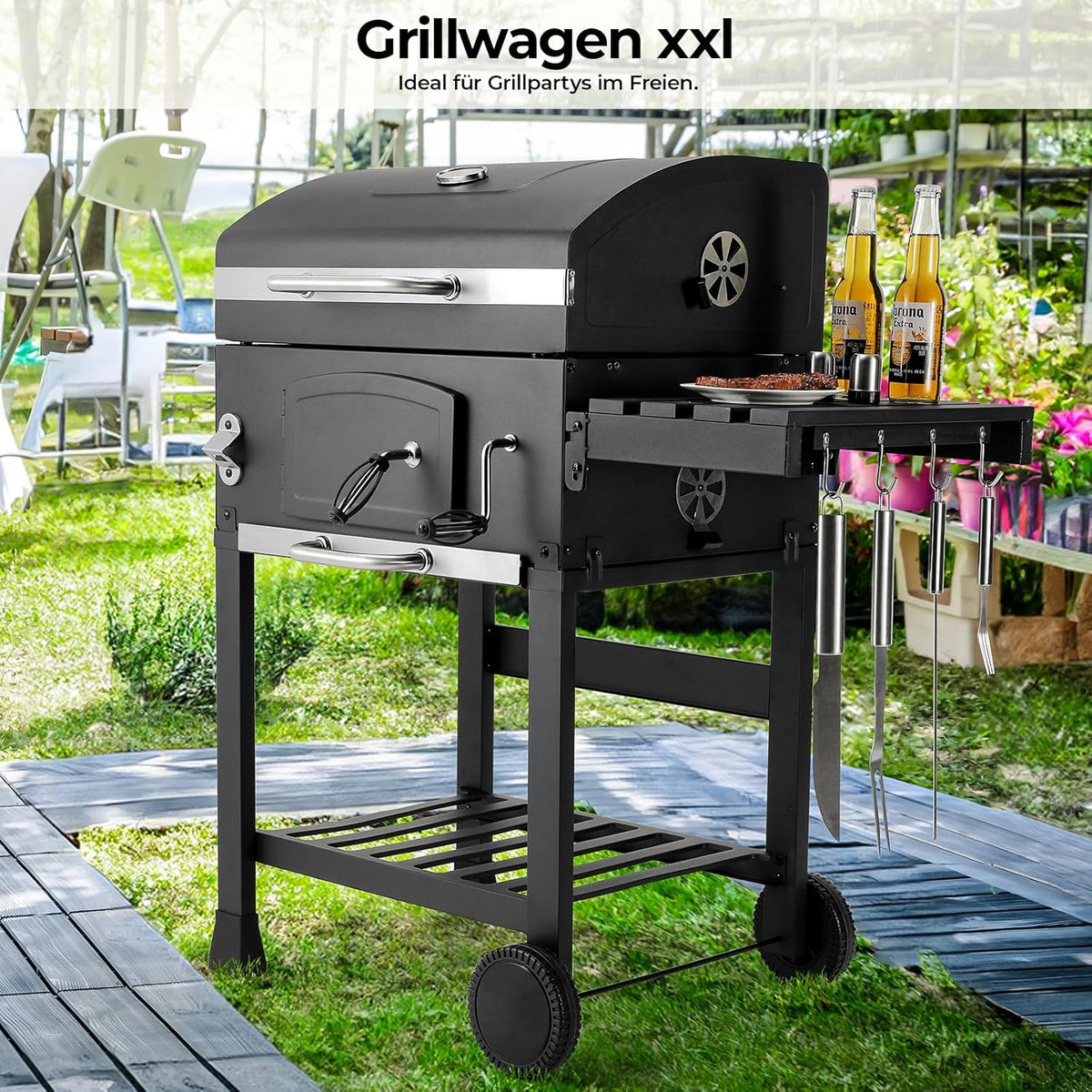Grill Węglowy XXL, Grill Węglowy z Kominem i Pokrywą, Grill Wózkowy BBQ Smoker z Kółkami i Termometrem, Duży Grill Węglowy do Biwakowania i Ogrodu