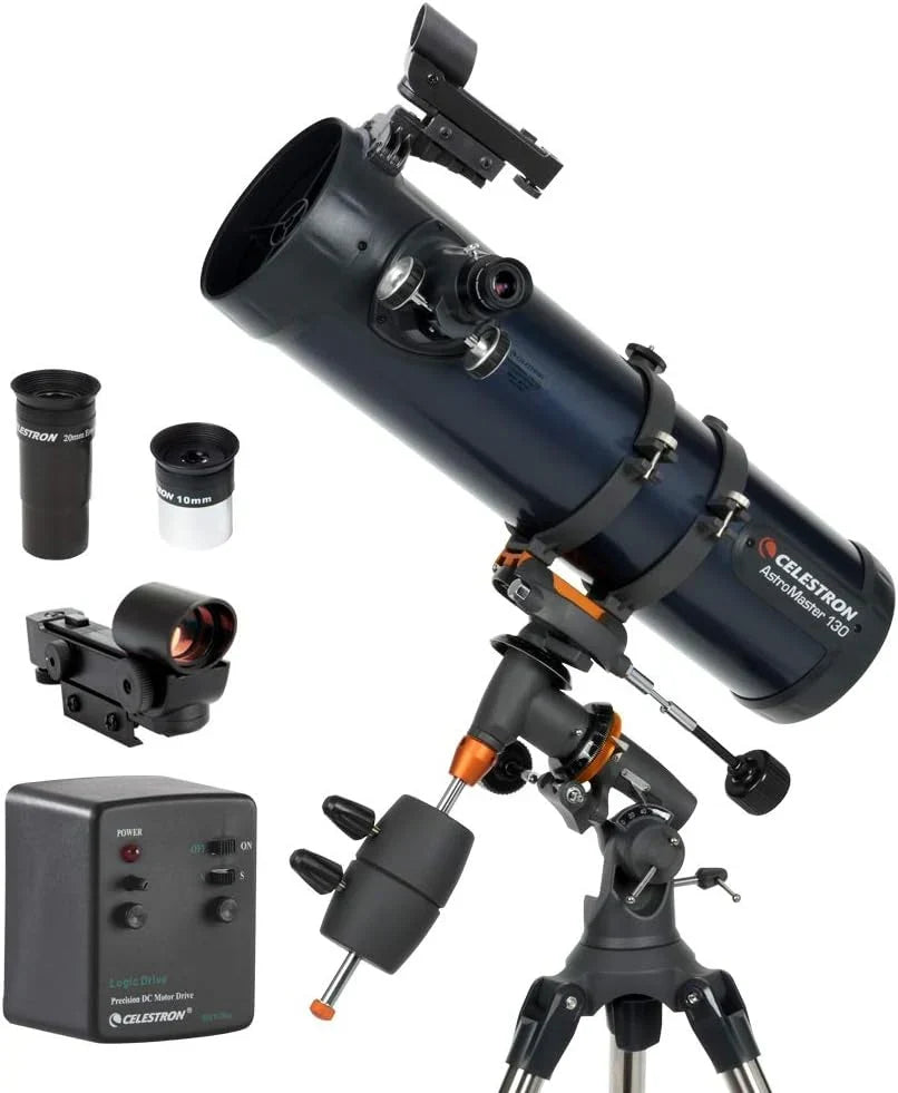 Celestron 31051 AstroMaster 130EQ, Teleskop zwierciadłowy Newtona z napędem silnikowym, granatowy