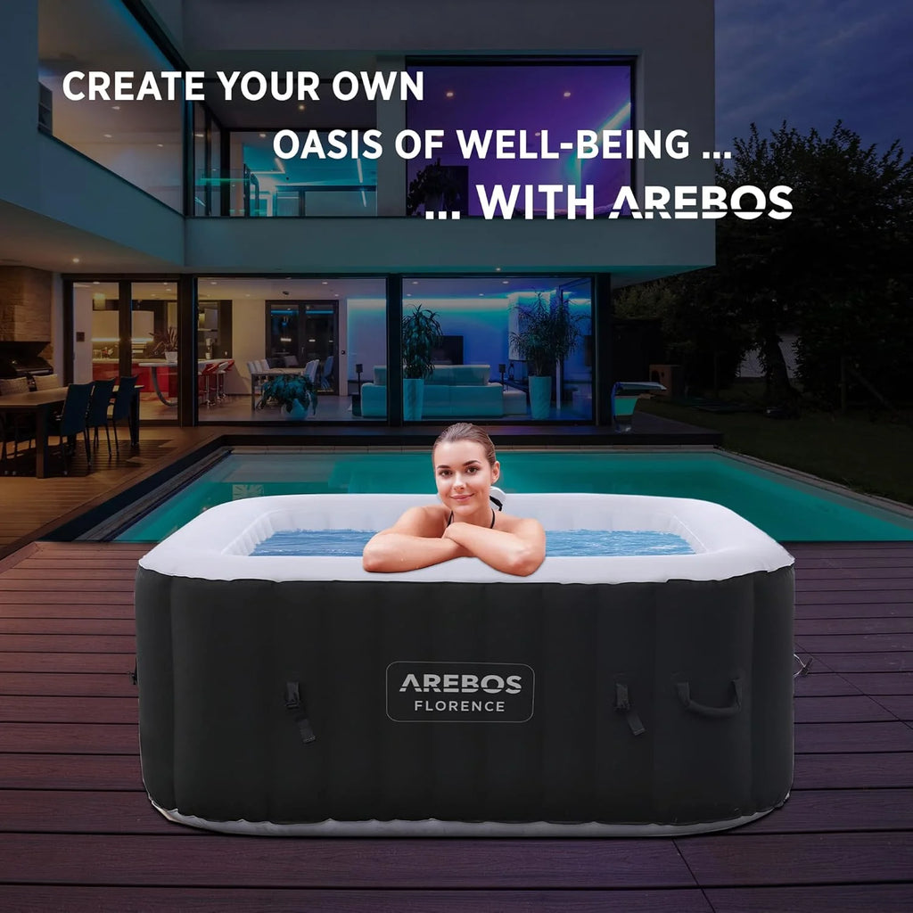 Arebos Dmuchane Jacuzzi SPA | Nadmuchiwane | Kwadratowe | Do Użytku Wewnętrznego i Zewnętrznego | 154x154cm | 4 Osoby | 130 Dysz Masujących | 600 L